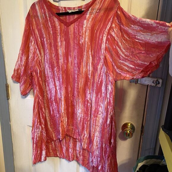 Lynz Women Tunic Top Blouse OneSize V Neck Pullover Red White Pink Beach Preppy - Picture 7 of 9